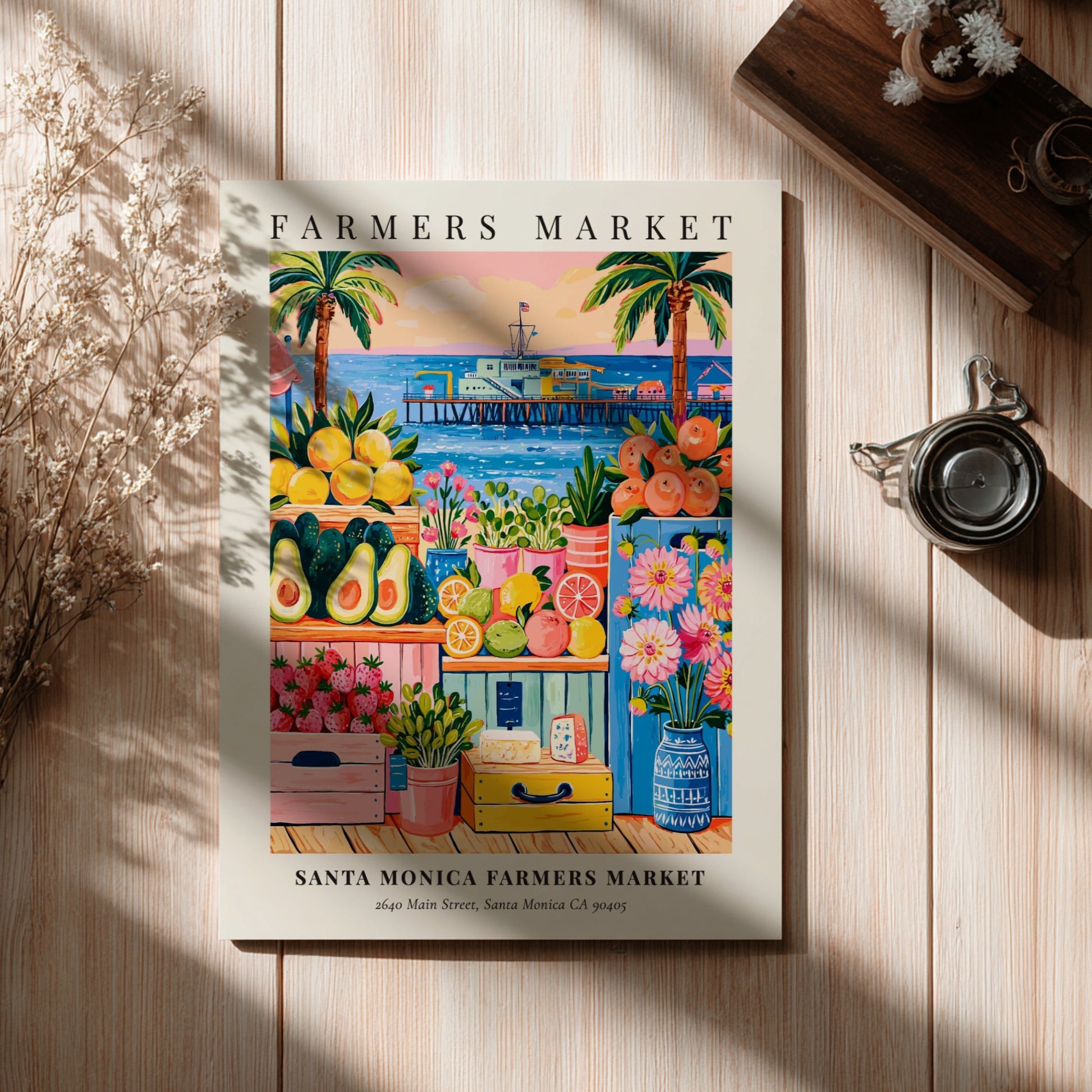 Santa Monica farmers market poster featuring colorful fruits, flowers, and a pier in a vibrant style