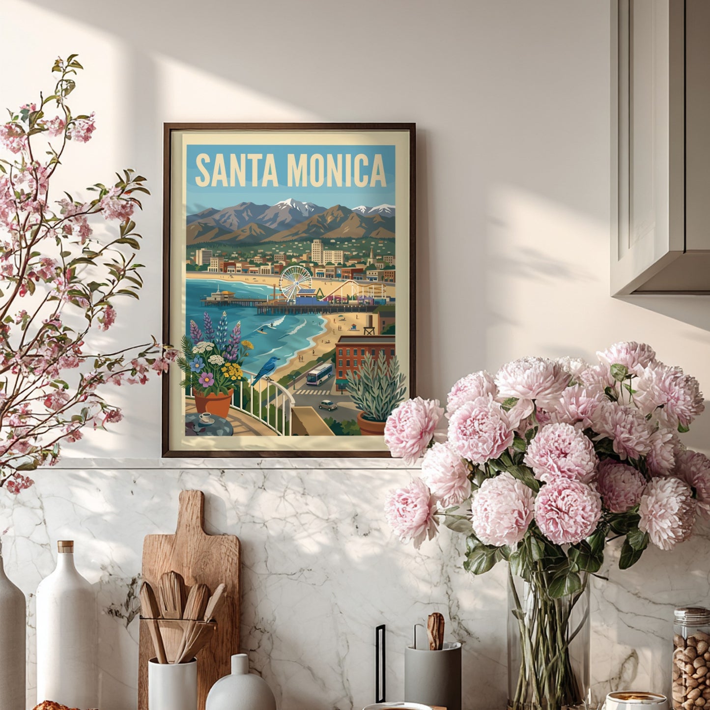 Vintage style poster of Santa Monica beach with pier, Ferris wheel, mountains, and coastal city.