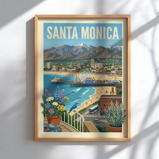 Vintage style poster of Santa Monica beach with pier, Ferris wheel, mountains, and coastal city.