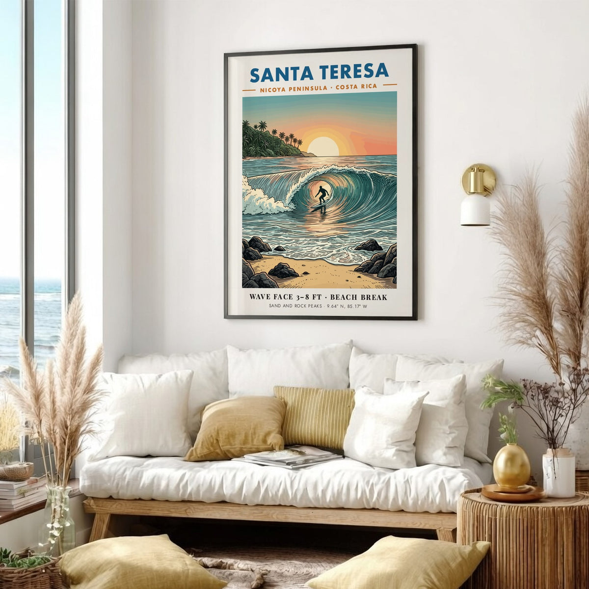 Poster of a surfer inside a barrel wave at sunset in Santa Teresa, Costa Rica.
