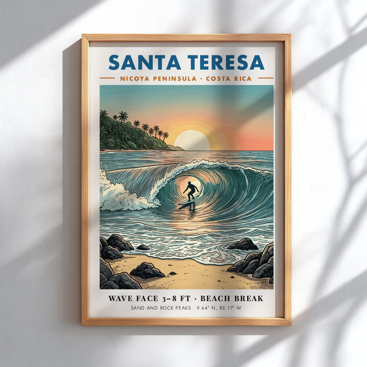 Poster of a surfer inside a barrel wave at sunset in Santa Teresa, Costa Rica.
