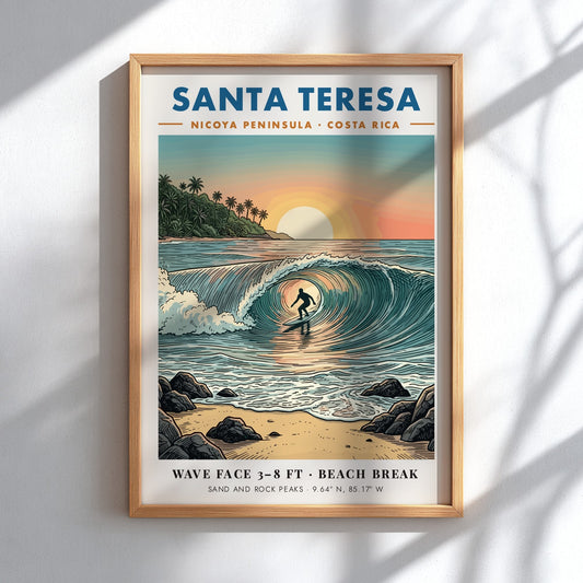 Poster of a surfer inside a barrel wave at sunset in Santa Teresa, Costa Rica.