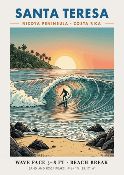 Poster of a surfer inside a barrel wave at sunset in Santa Teresa, Costa Rica.