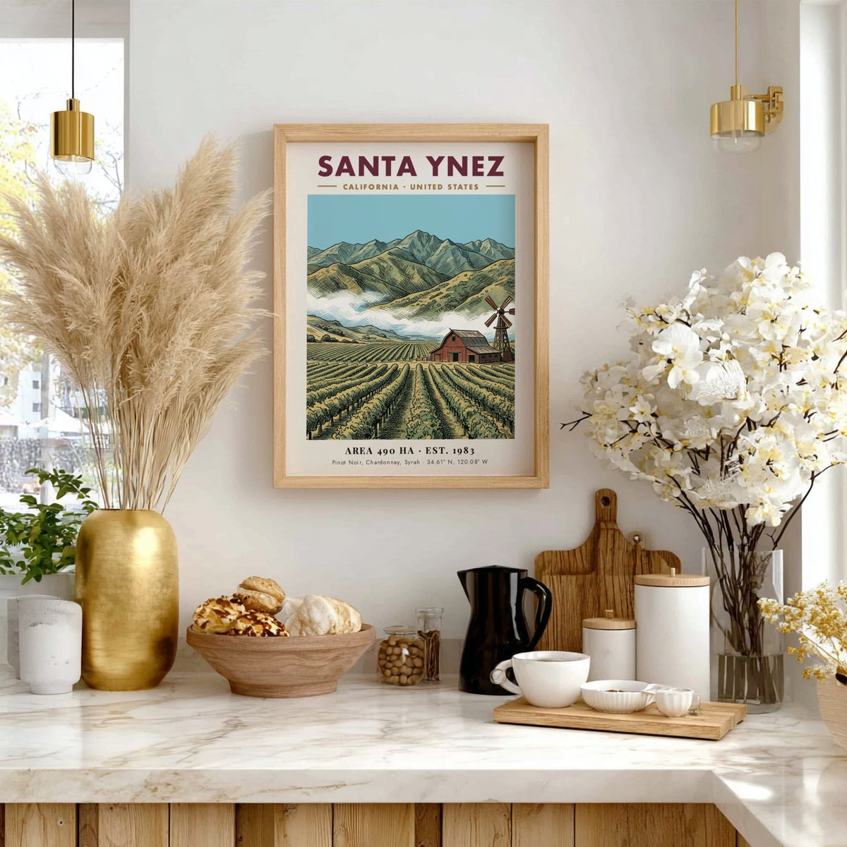 Poster of Santa Ynez vineyard with red barn, windmill, and mountains in California style.
