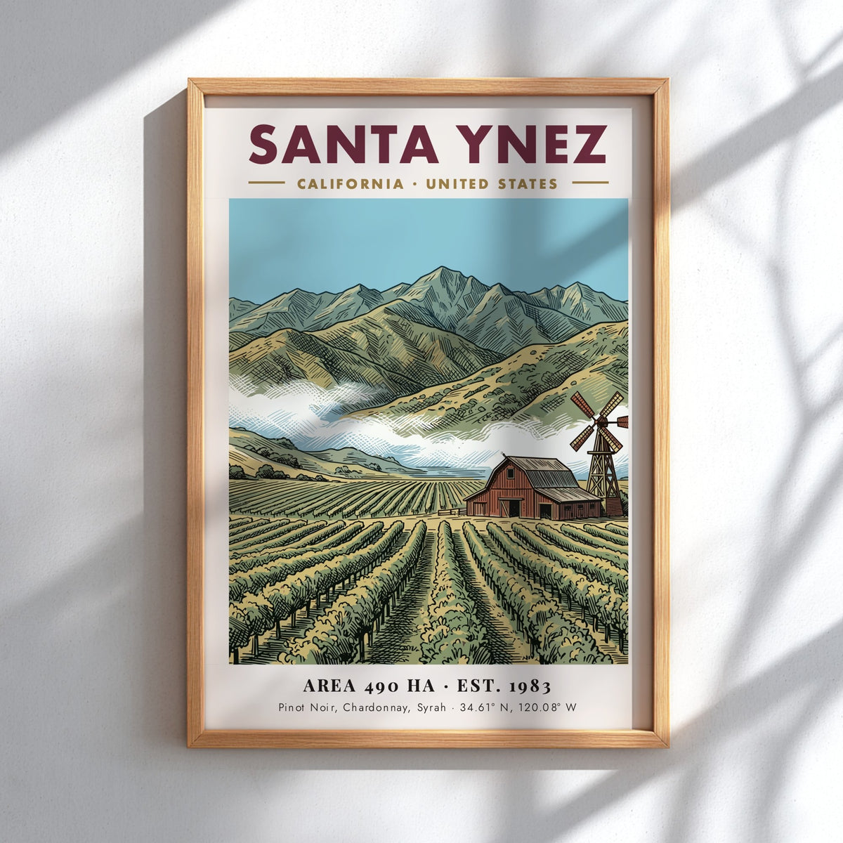 Poster of Santa Ynez vineyard with red barn, windmill, and mountains in California style.