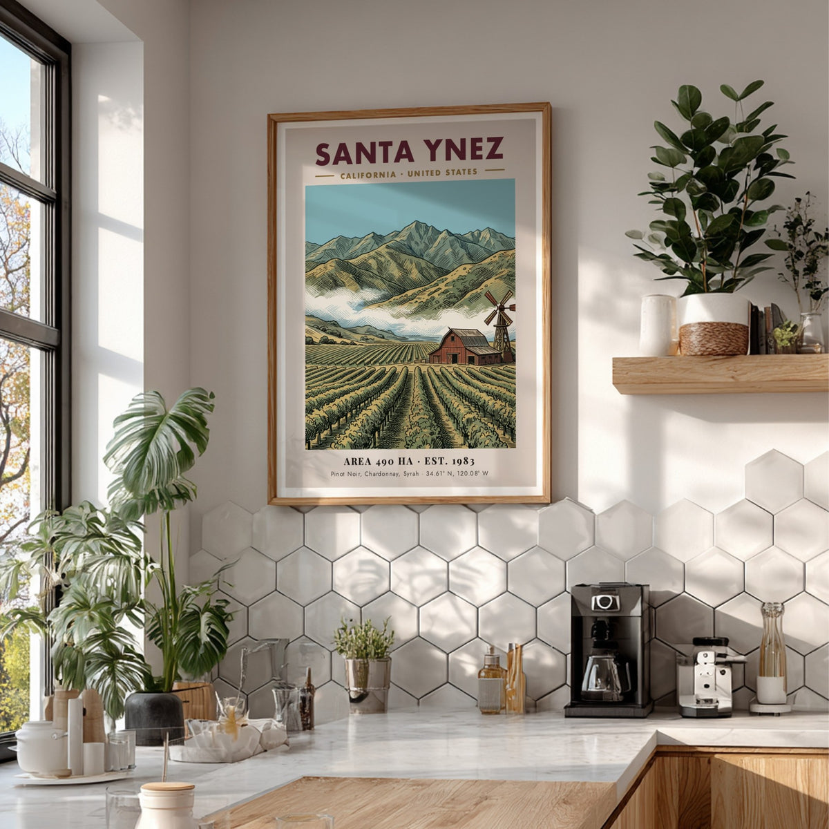 Poster of Santa Ynez vineyard with red barn, windmill, and mountains in California style.