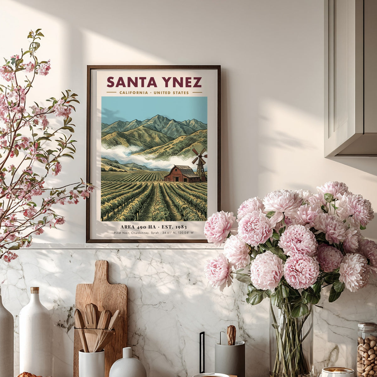 Poster of Santa Ynez vineyard with red barn, windmill, and mountains in California style.
