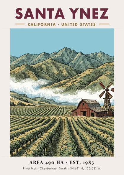 Poster of Santa Ynez vineyard with red barn, windmill, and mountains in California style.