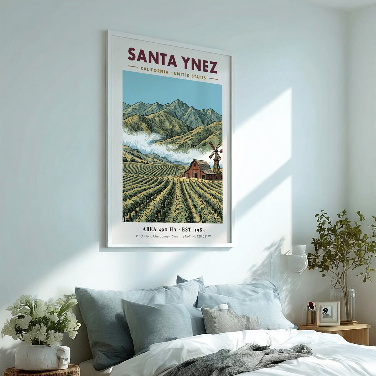 Poster of Santa Ynez vineyard with red barn, windmill, and mountains in California style.