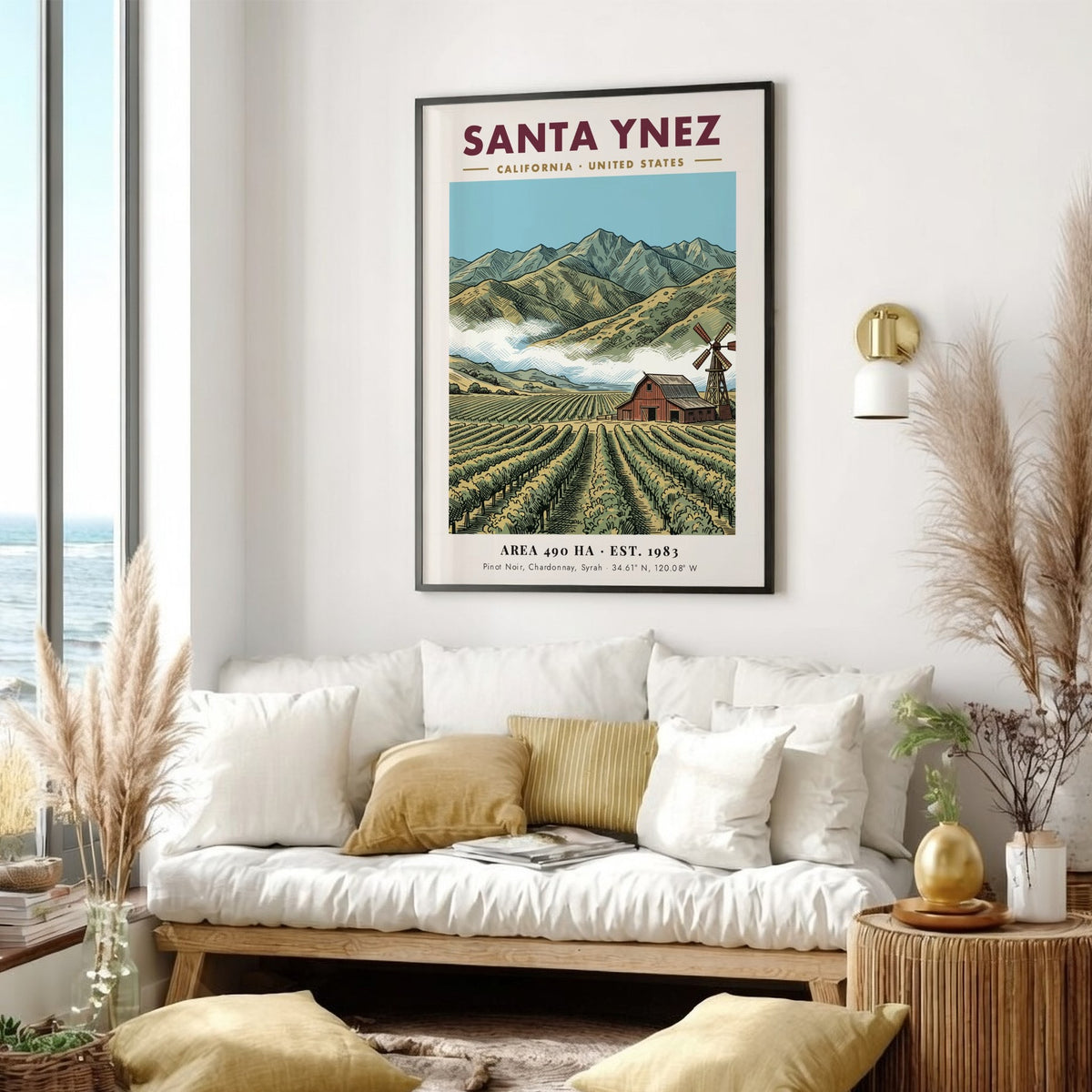 Poster of Santa Ynez vineyard with red barn, windmill, and mountains in California style.