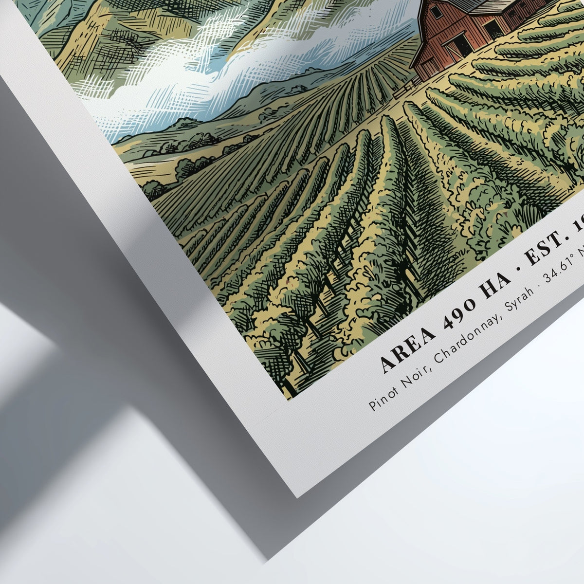 Poster of Santa Ynez vineyard with red barn, windmill, and mountains in California style.