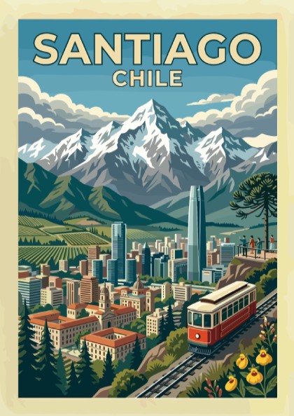 Travel poster of Santiago Chile featuring a red funicular, city skyline, and Andes mountains.