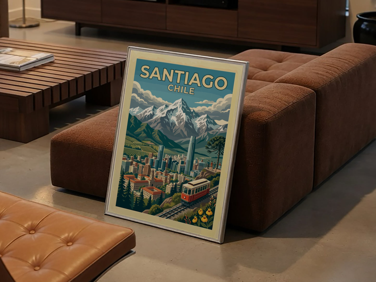 Travel poster of Santiago Chile featuring a red funicular, city skyline, and Andes mountains.