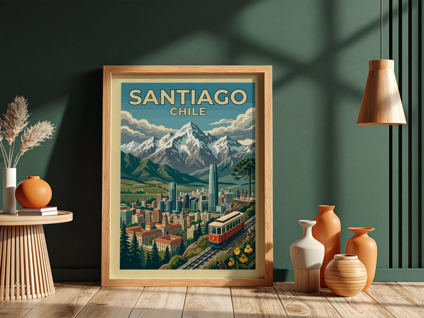 Travel poster of Santiago Chile featuring a red funicular, city skyline, and Andes mountains.