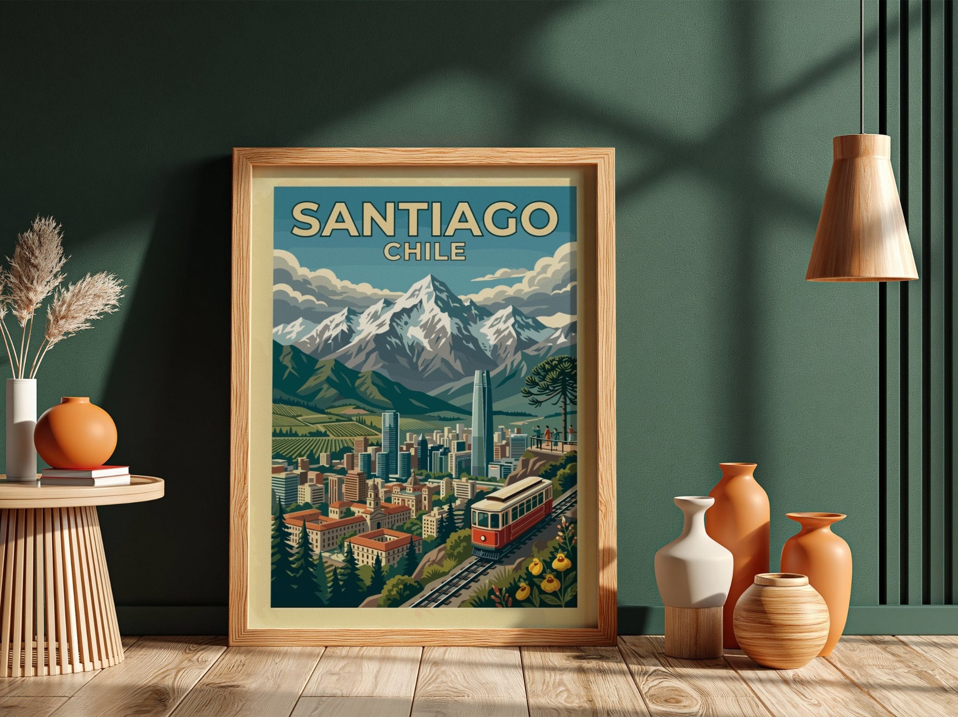 Travel poster of Santiago Chile featuring a red funicular, city skyline, and Andes mountains.