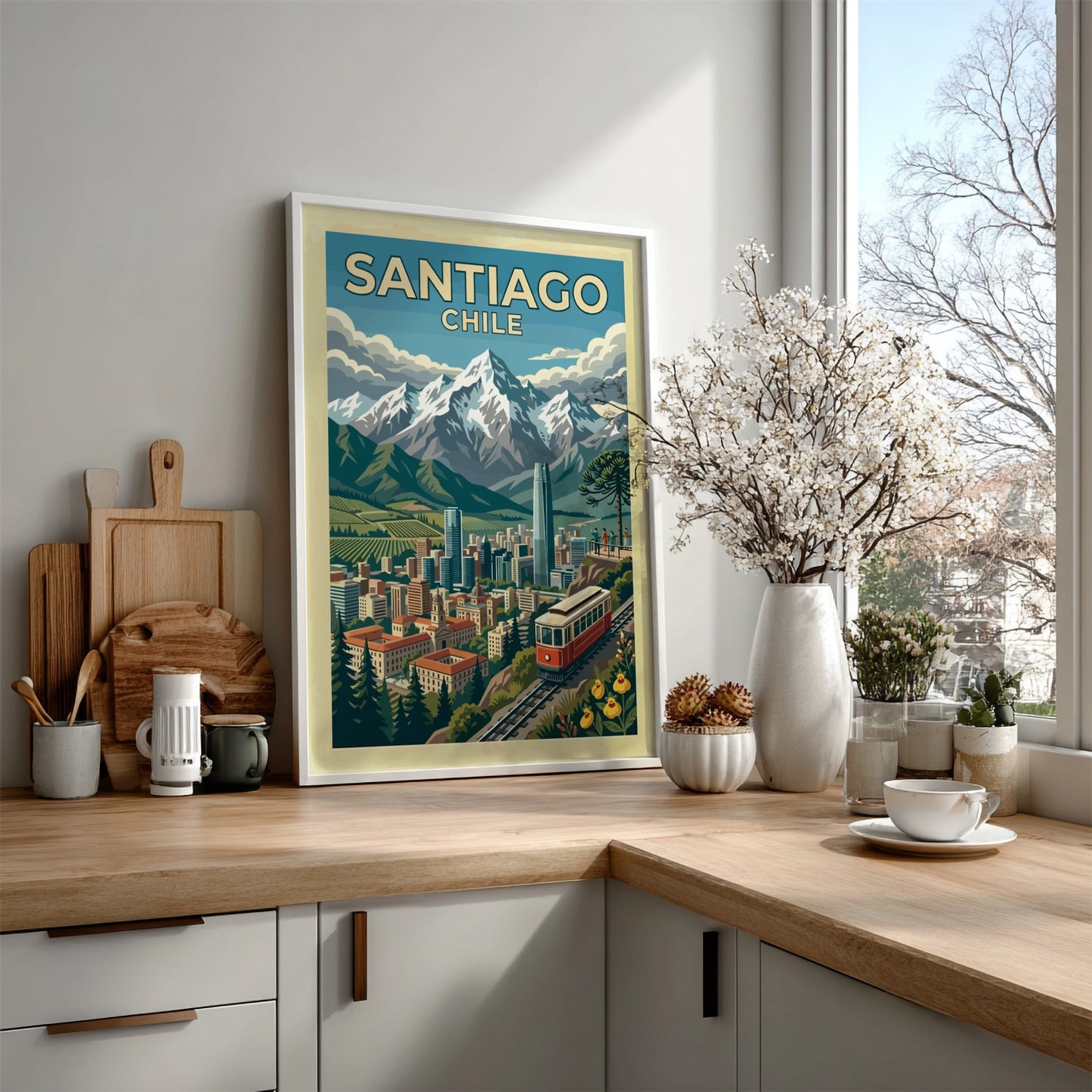 Travel poster of Santiago Chile featuring a red funicular, city skyline, and Andes mountains.