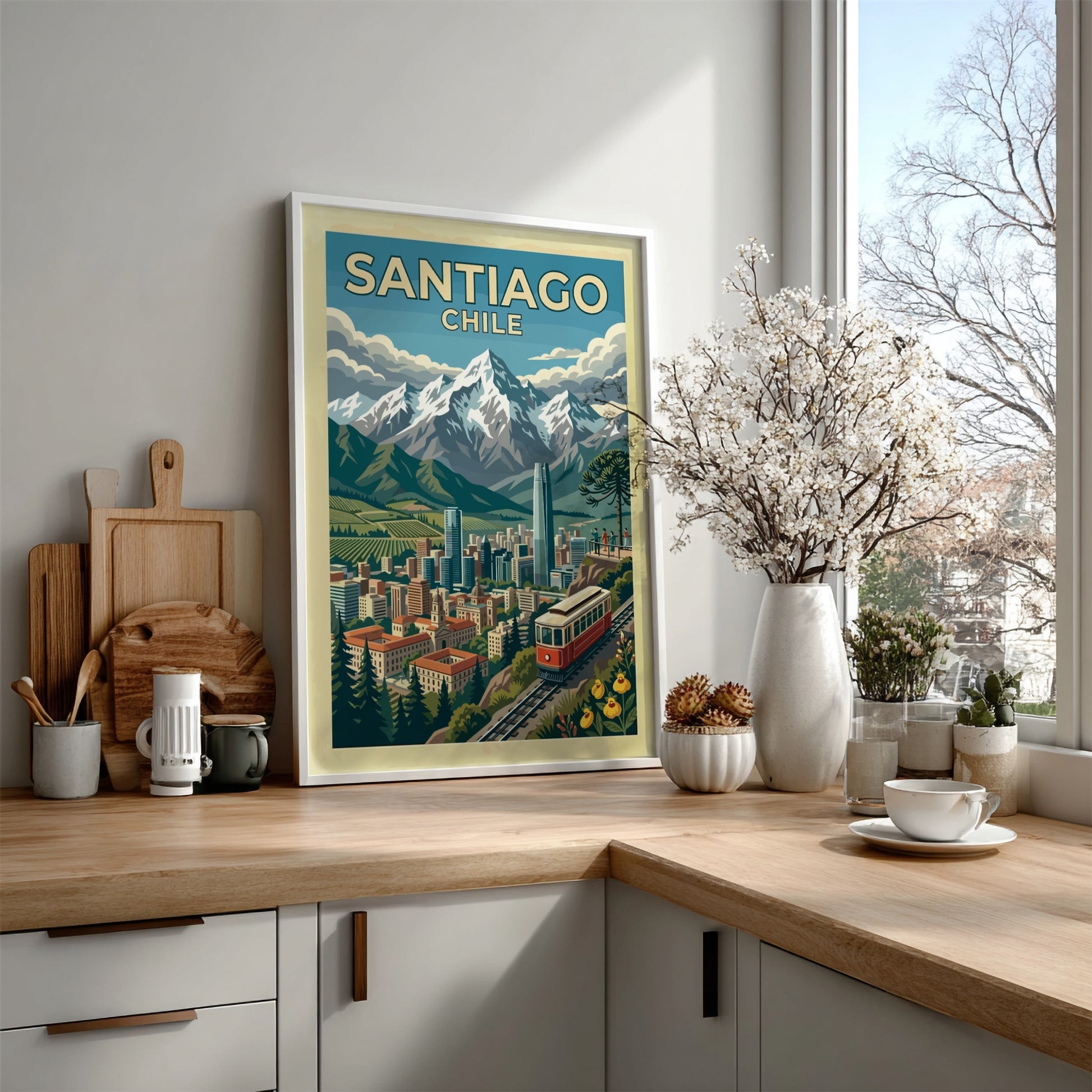 Travel poster of Santiago Chile featuring a red funicular, city skyline, and Andes mountains.