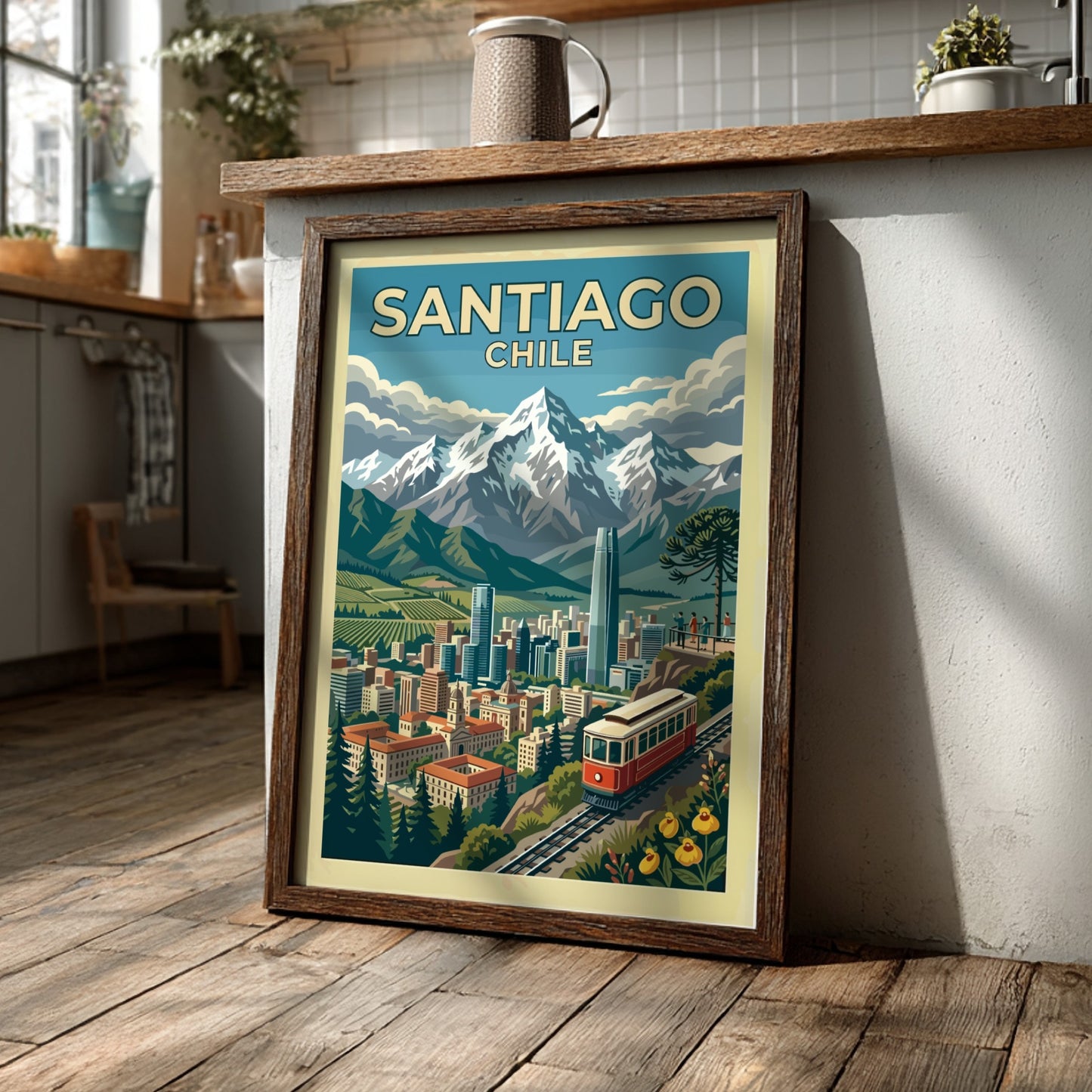 Travel poster of Santiago Chile featuring a red funicular, city skyline, and Andes mountains.