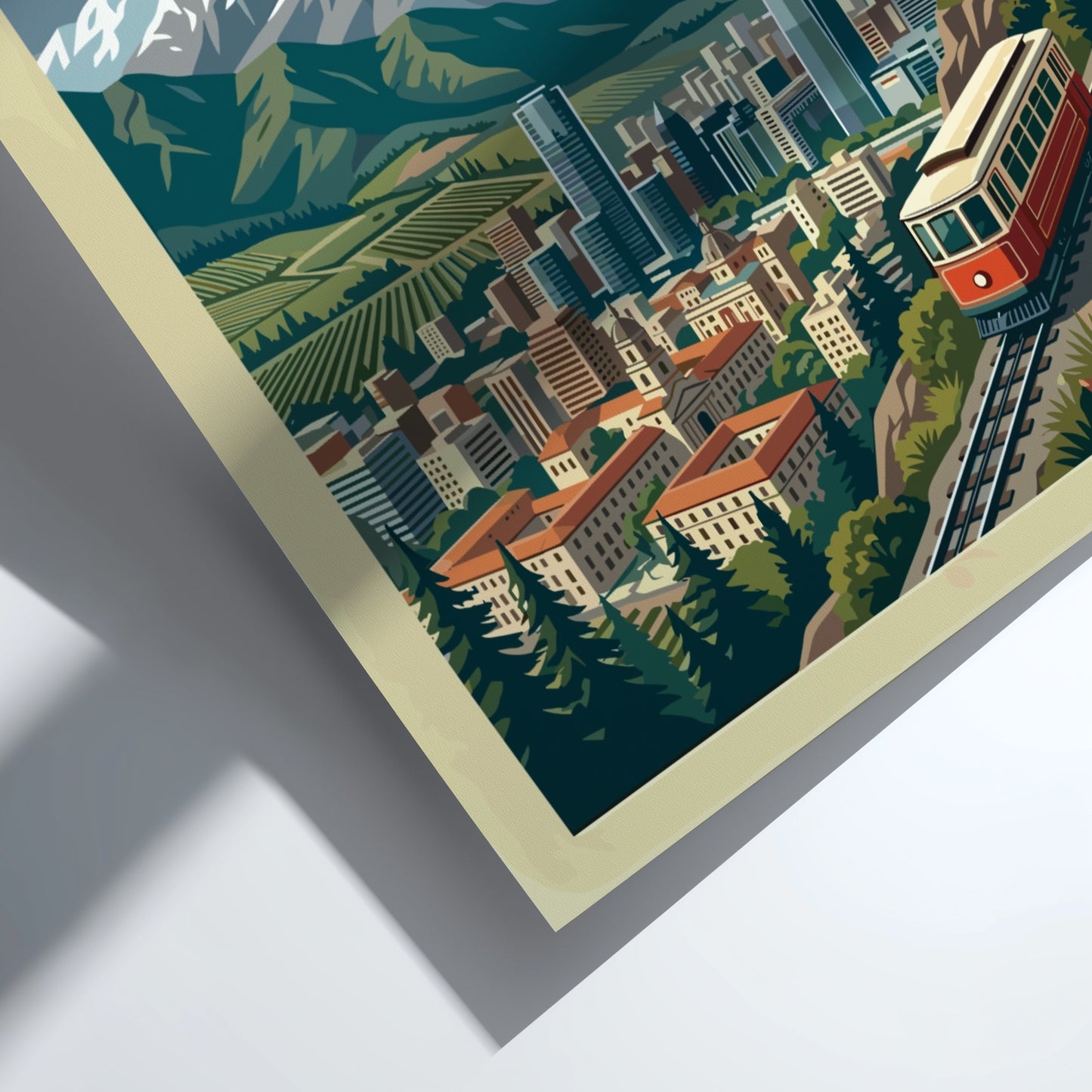 Travel poster of Santiago Chile featuring a red funicular, city skyline, and Andes mountains.
