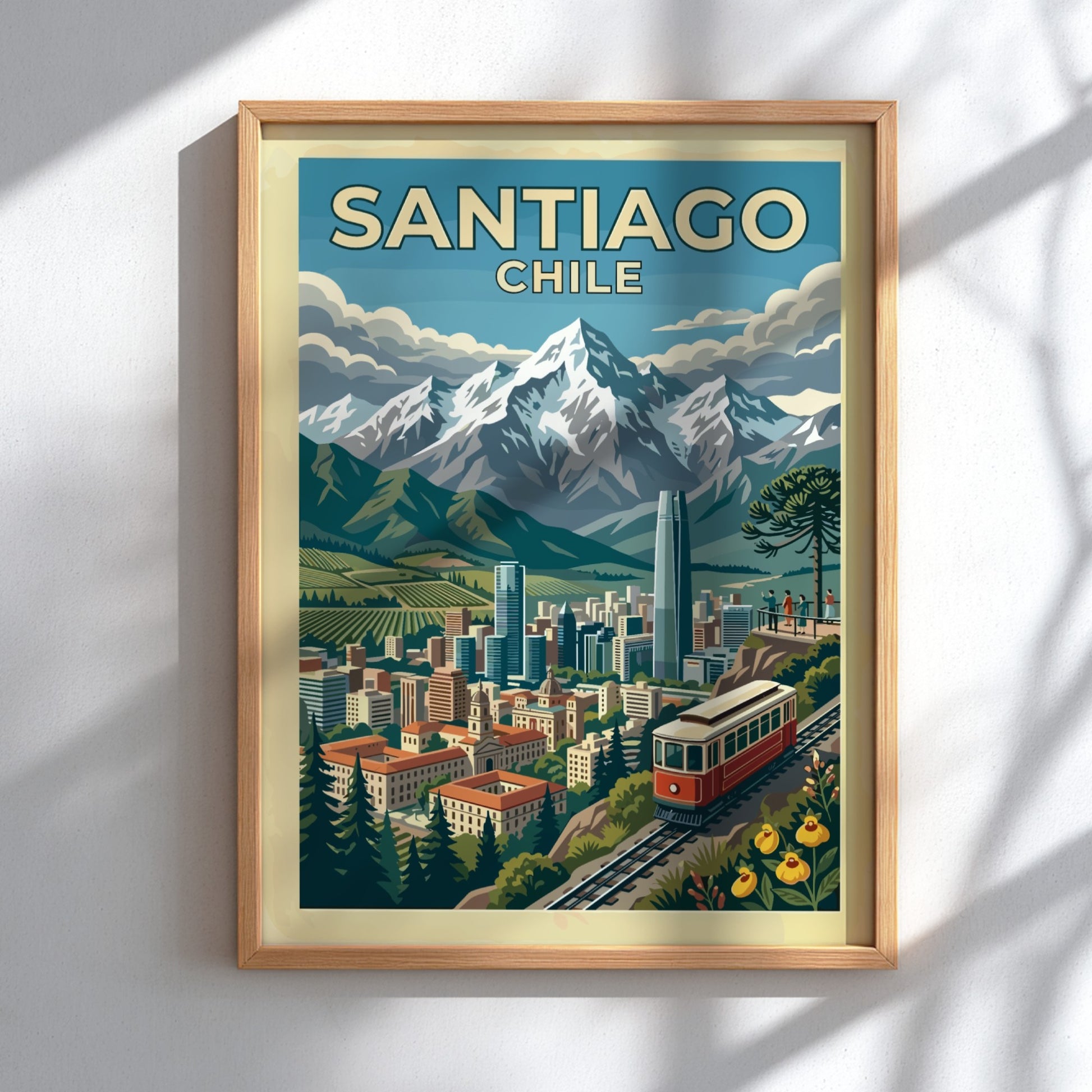 Travel poster of Santiago Chile featuring a red funicular, city skyline, and Andes mountains.