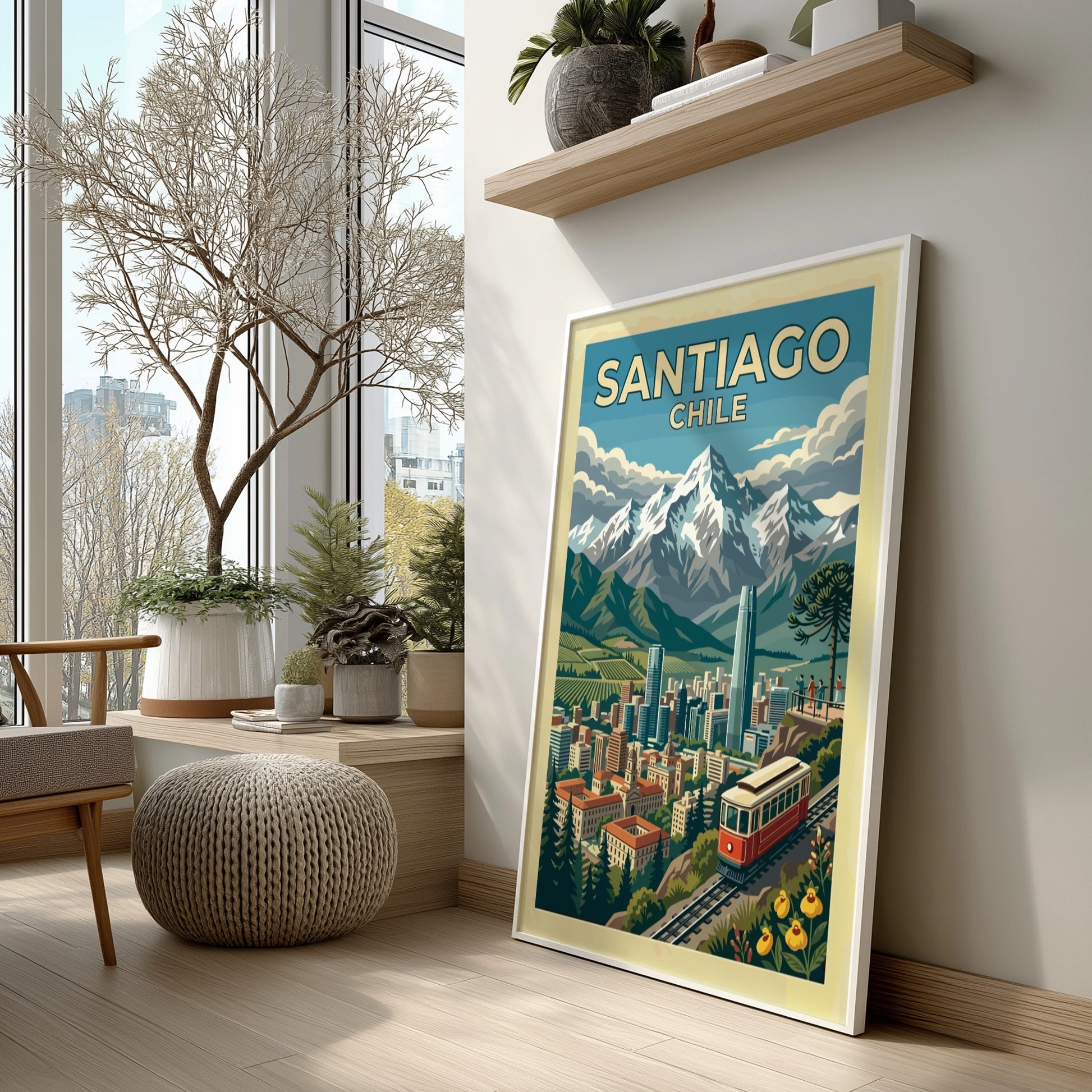 Travel poster of Santiago Chile featuring a red funicular, city skyline, and Andes mountains.