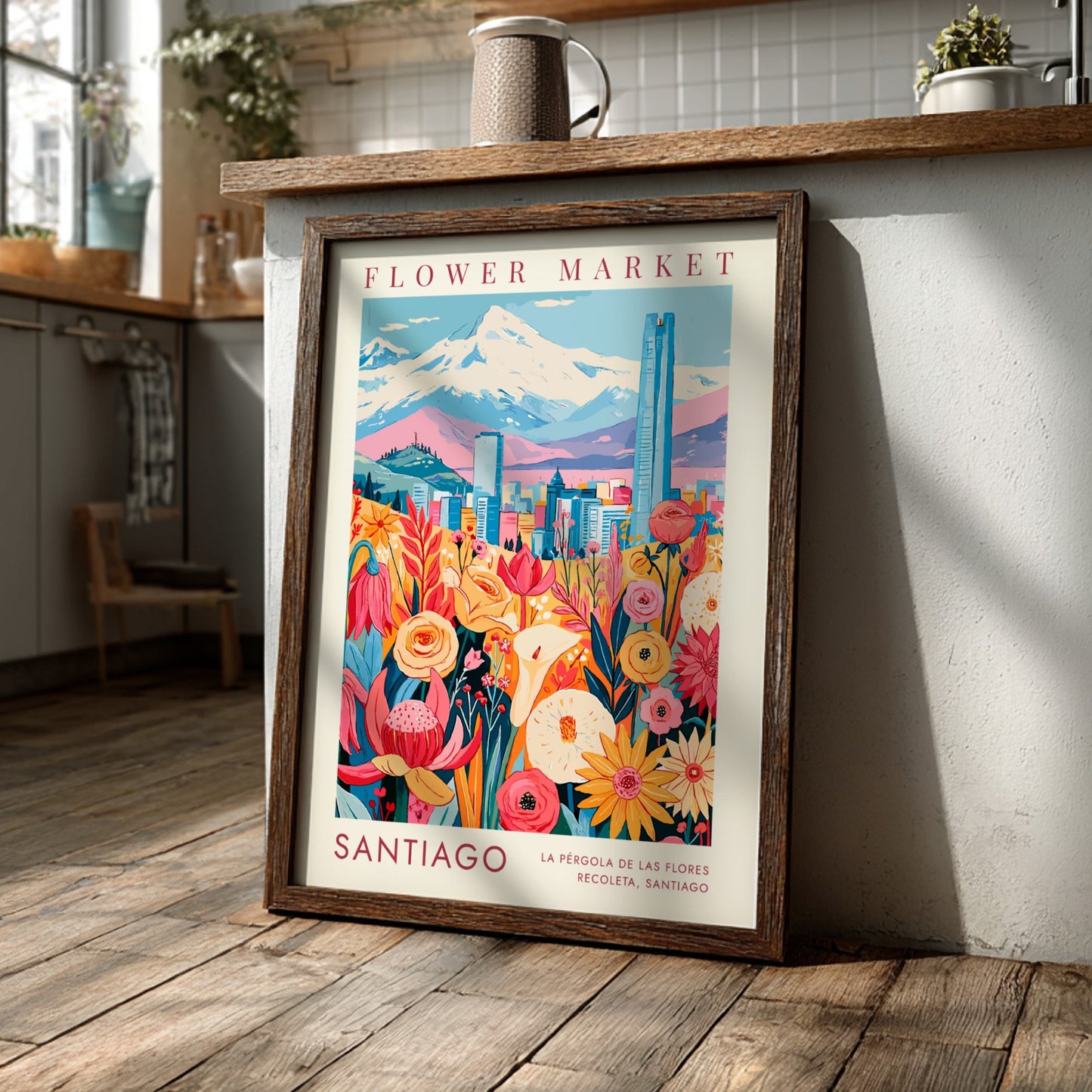 Travel poster featuring Santiago flower market with Andean mountains and blue skyline in background
