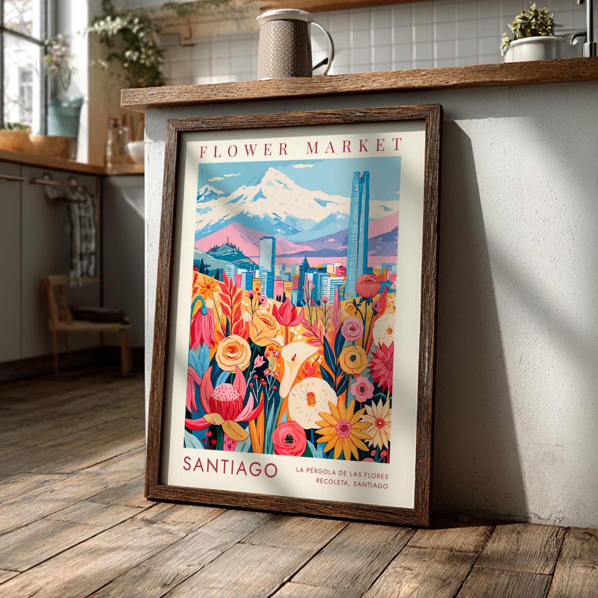Travel poster featuring Santiago flower market with Andean mountains and blue skyline in background