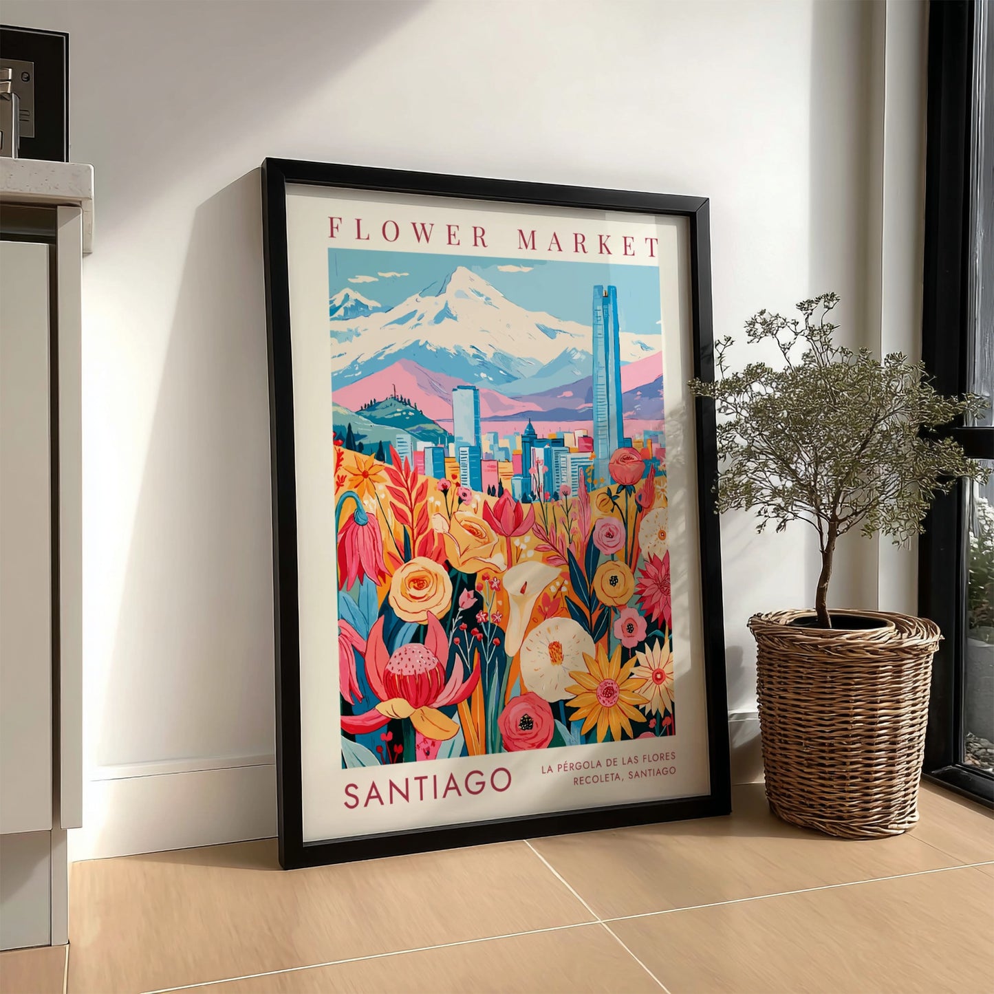 Travel poster featuring Santiago flower market with Andean mountains and blue skyline in background