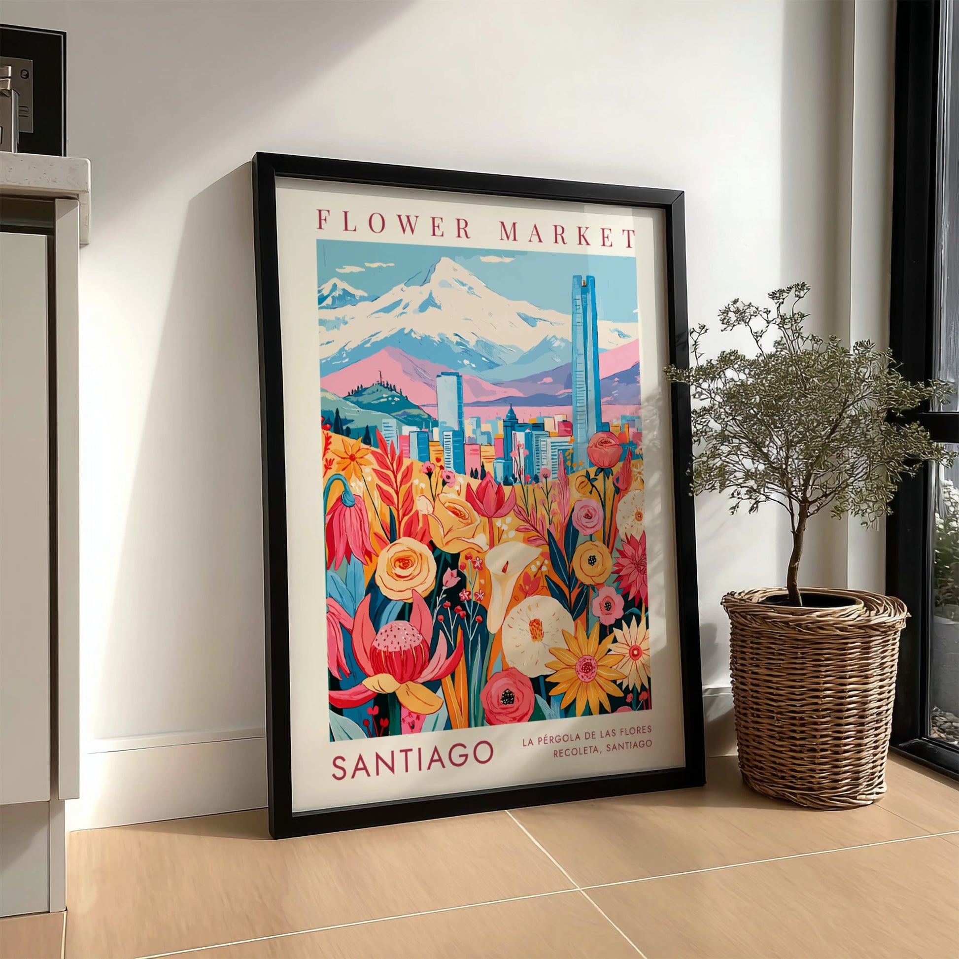 Travel poster featuring Santiago flower market with Andean mountains and blue skyline in background