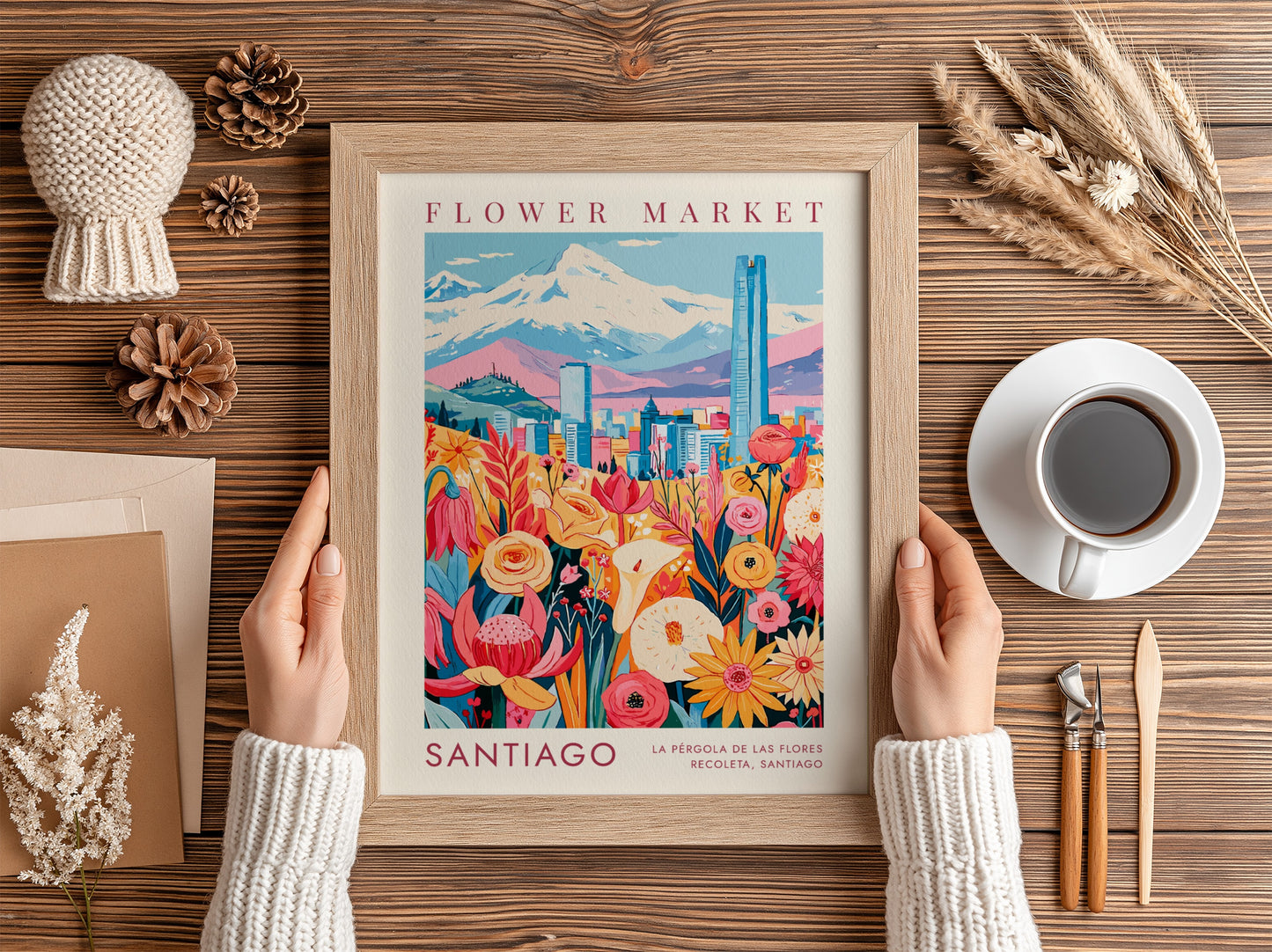 Travel poster featuring Santiago flower market with Andean mountains and blue skyline in background
