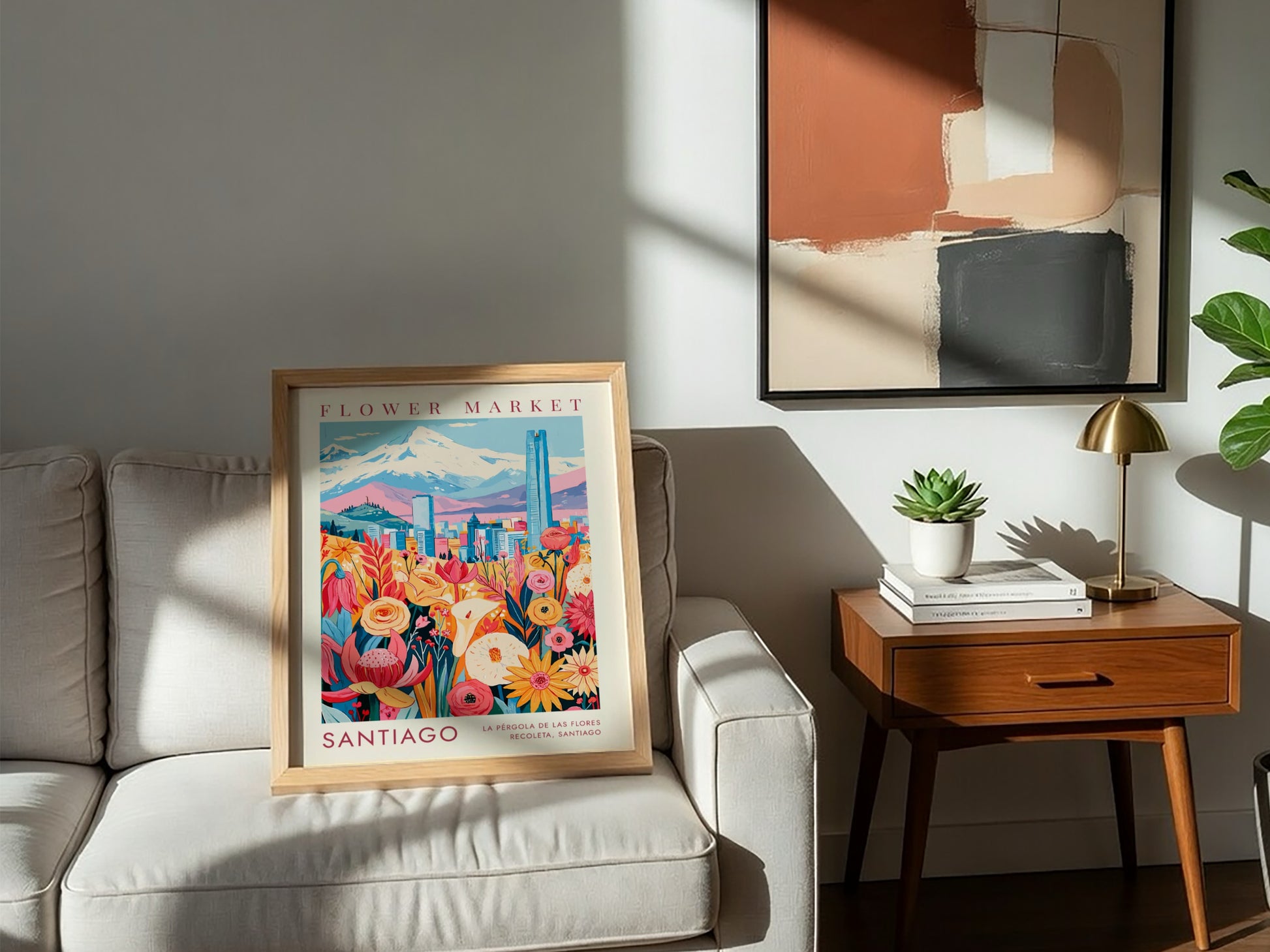 Travel poster featuring Santiago flower market with Andean mountains and blue skyline in background