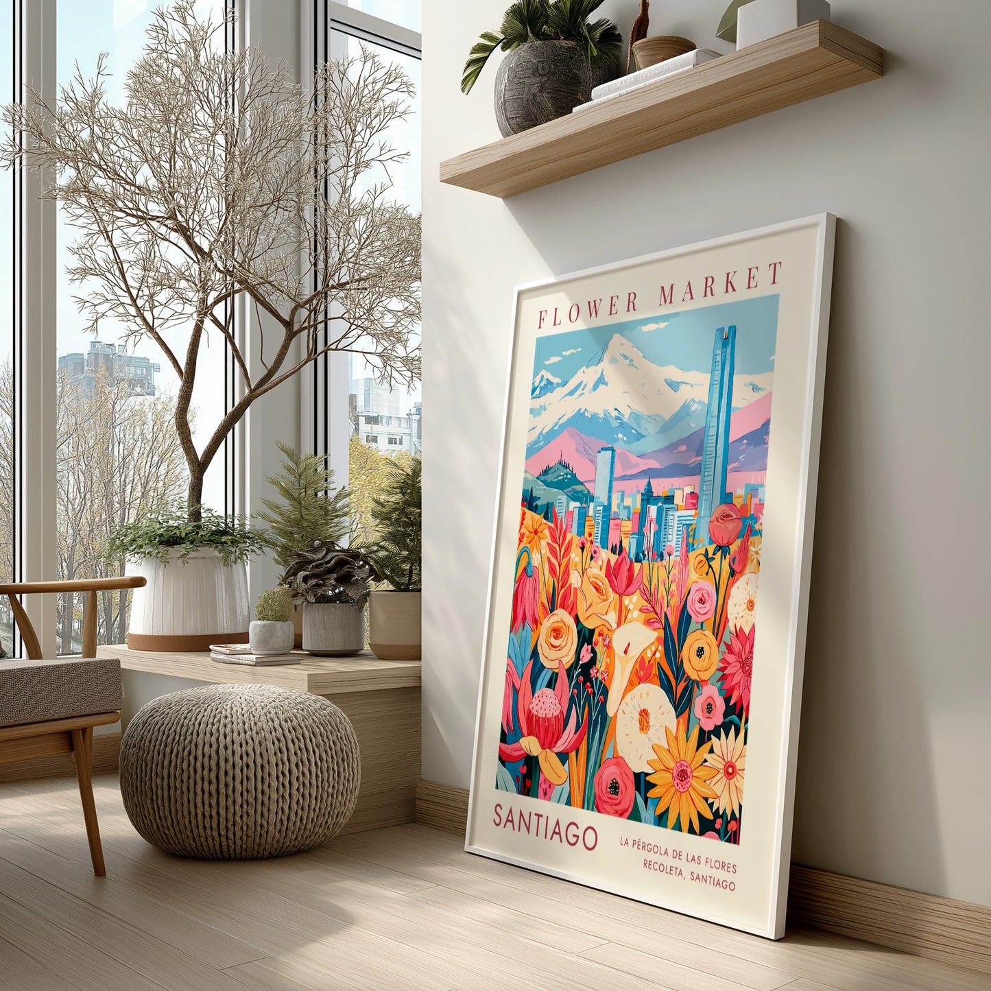 Travel poster featuring Santiago flower market with Andean mountains and blue skyline in background