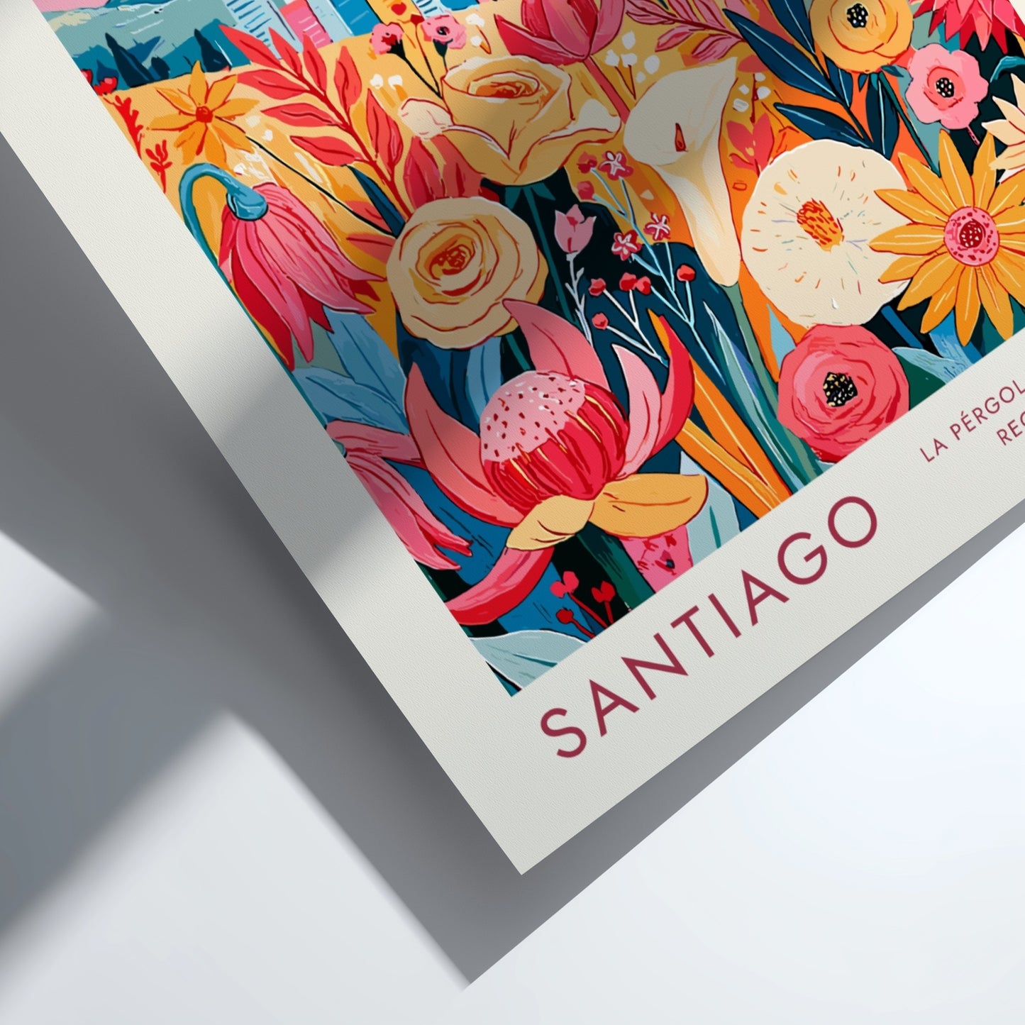 Travel poster featuring Santiago flower market with Andean mountains and blue skyline in background