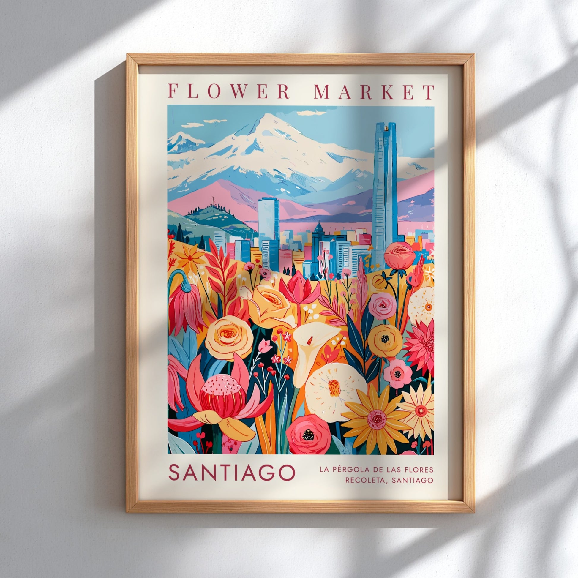 Travel poster featuring Santiago flower market with Andean mountains and blue skyline in background