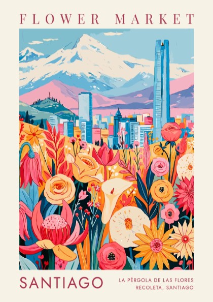 Travel poster featuring Santiago flower market with Andean mountains and blue skyline in background