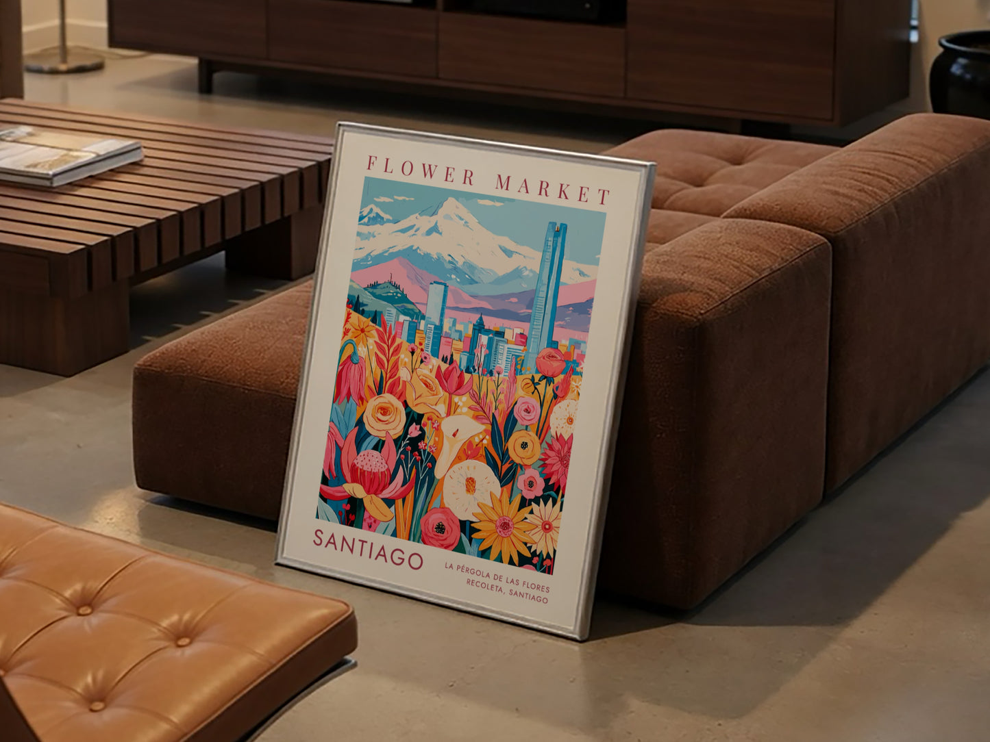 Travel poster featuring Santiago flower market with Andean mountains and blue skyline in background