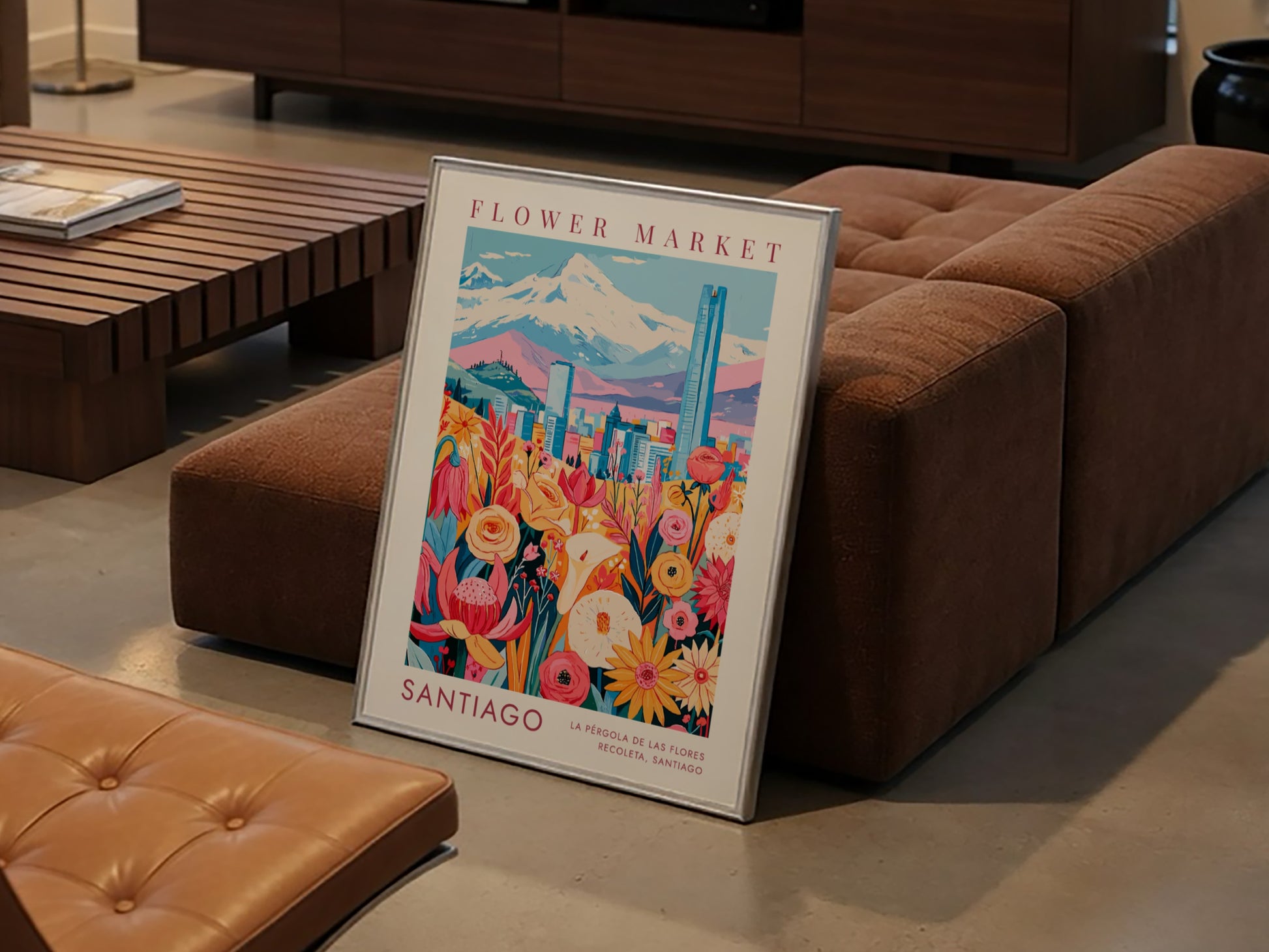 Travel poster featuring Santiago flower market with Andean mountains and blue skyline in background