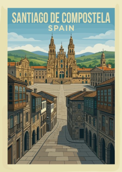 Retro travel poster of Santiago de Compostela, Spain, featuring the cathedral and plaza.