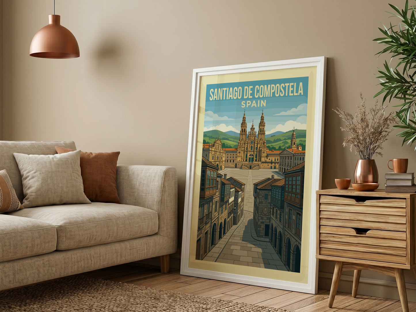 Retro travel poster of Santiago de Compostela, Spain, featuring the cathedral and plaza.