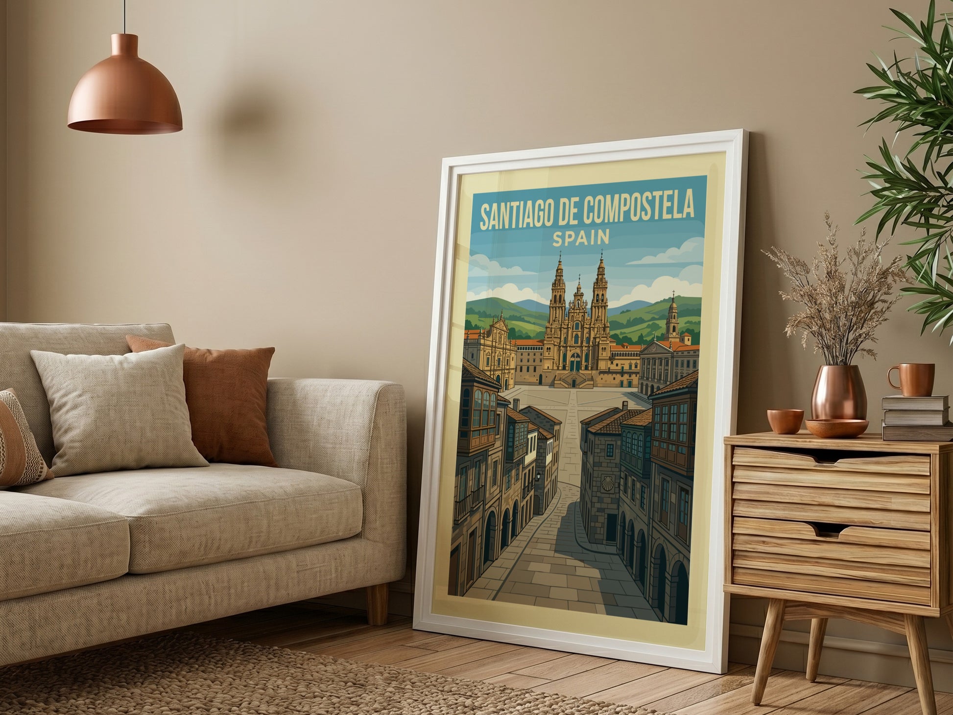 Retro travel poster of Santiago de Compostela, Spain, featuring the cathedral and plaza.