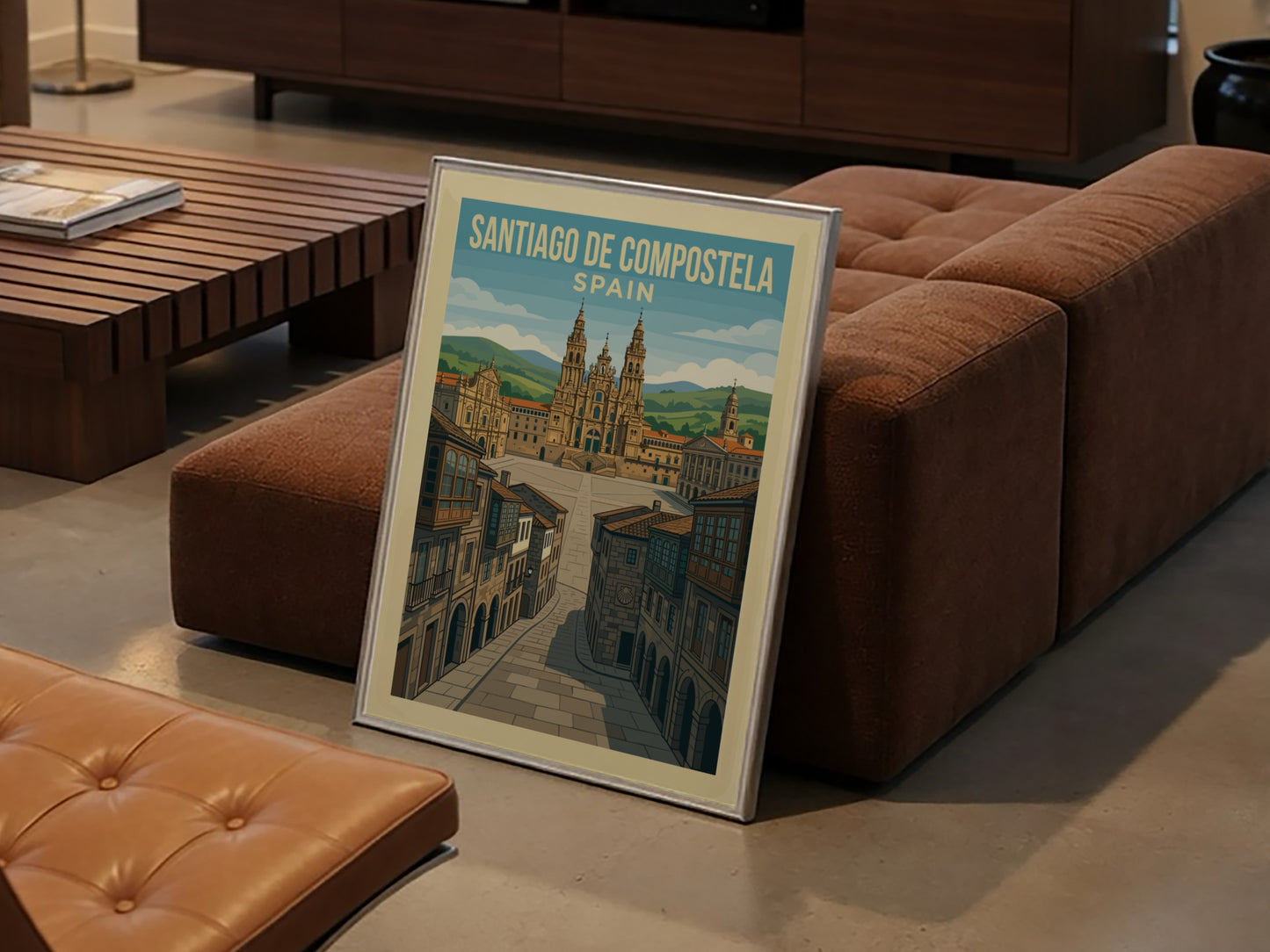 Retro travel poster of Santiago de Compostela, Spain, featuring the cathedral and plaza.