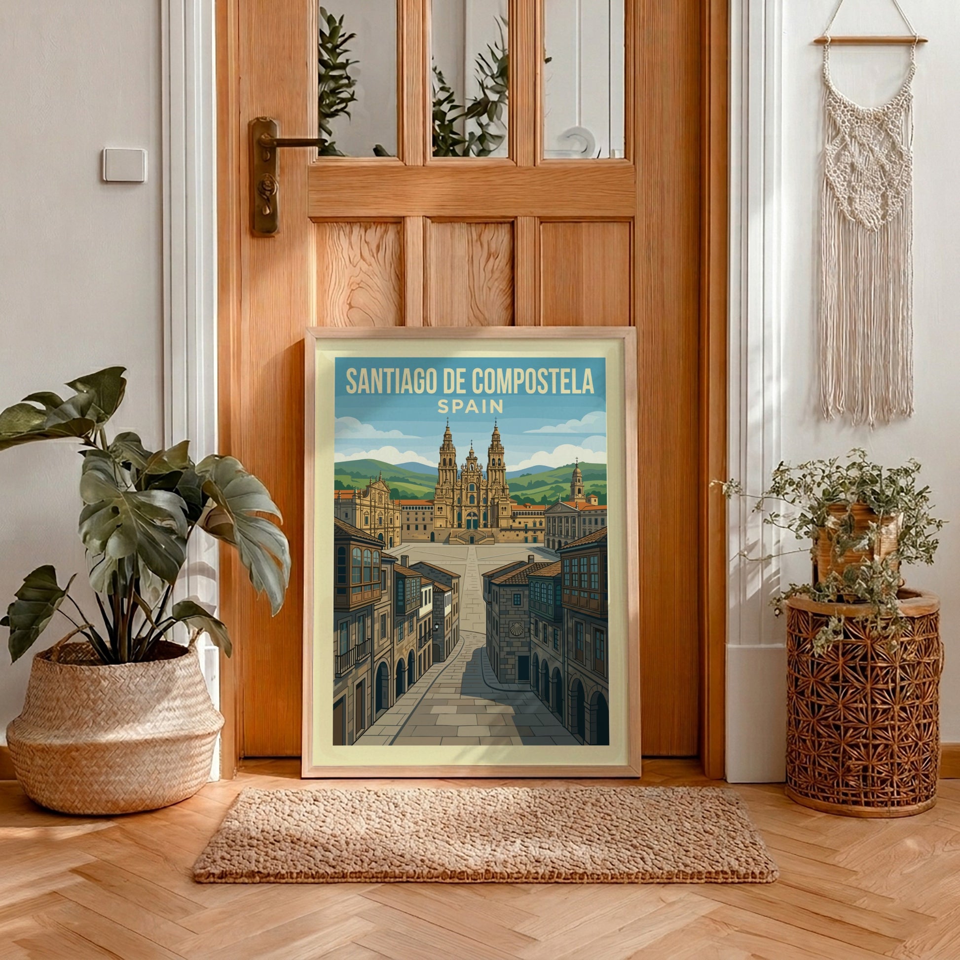 Retro travel poster of Santiago de Compostela, Spain, featuring the cathedral and plaza.