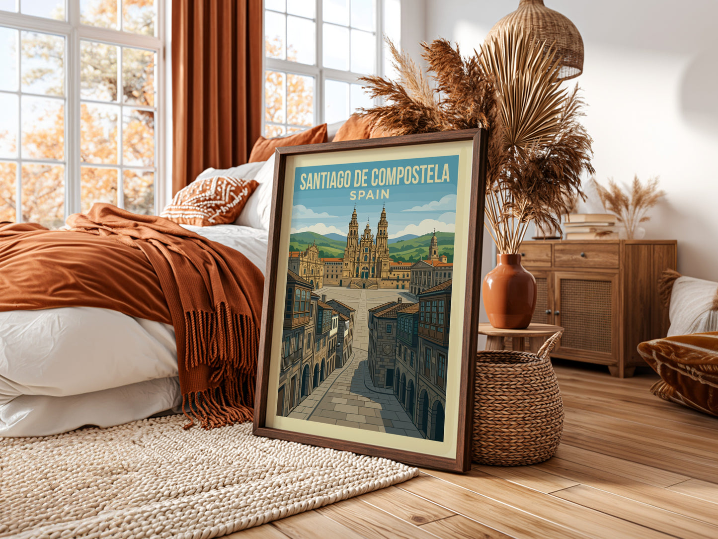Retro travel poster of Santiago de Compostela, Spain, featuring the cathedral and plaza.