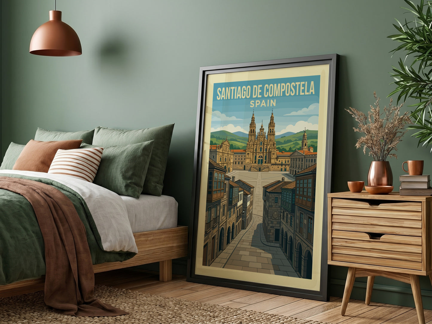 Retro travel poster of Santiago de Compostela, Spain, featuring the cathedral and plaza.