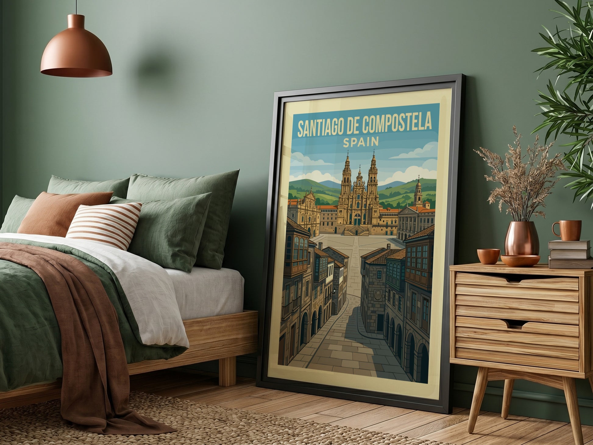 Retro travel poster of Santiago de Compostela, Spain, featuring the cathedral and plaza.
