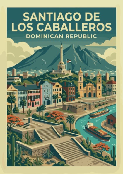 Santiago de los Caballeros travel poster featuring city skyline, monument, and river in a retro style.