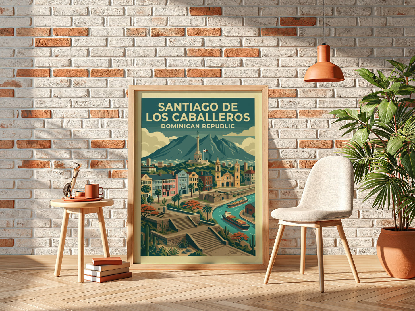 Santiago de los Caballeros travel poster featuring city skyline, monument, and river in a retro style.