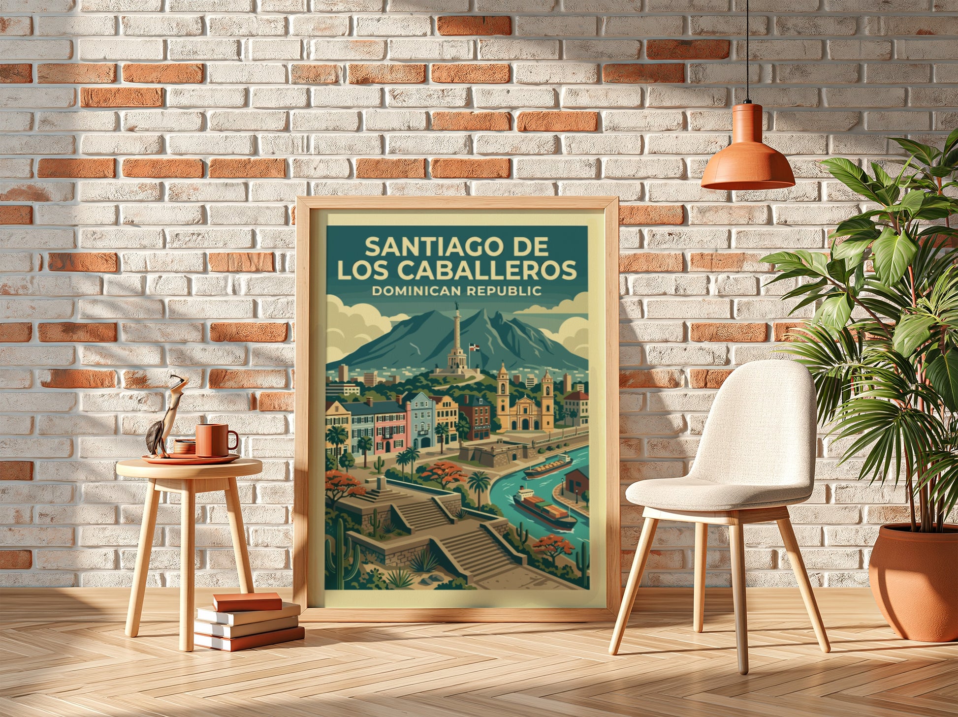 Santiago de los Caballeros travel poster featuring city skyline, monument, and river in a retro style.