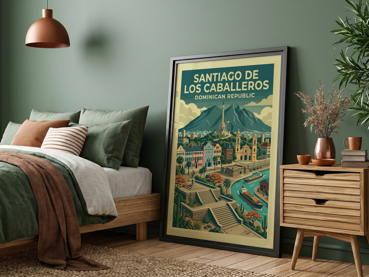 Santiago de los Caballeros travel poster featuring city skyline, monument, and river in a retro style.