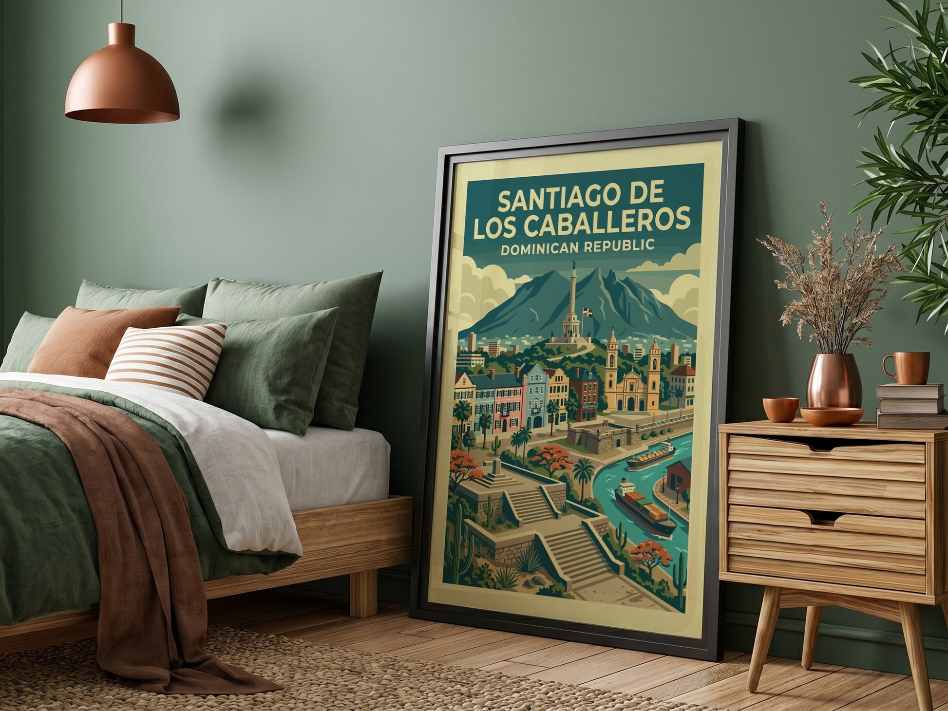 Santiago de los Caballeros travel poster featuring city skyline, monument, and river in a retro style.